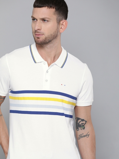

Harvard Men White Navy Blue Striped Polo Collar Pure Cotton T-shirt