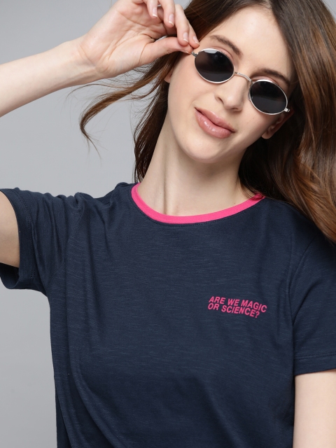 

Harvard Women Navy Pure Cotton Top with Waist Tie-Up, Navy blue
