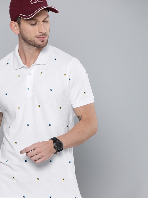 

Harvard Men White & Blue Printed Polo Collar T-shirt