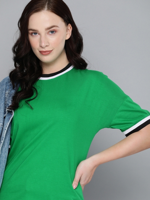 

Harvard Women Green Contrast Rib Round Neck Solid T-shirt