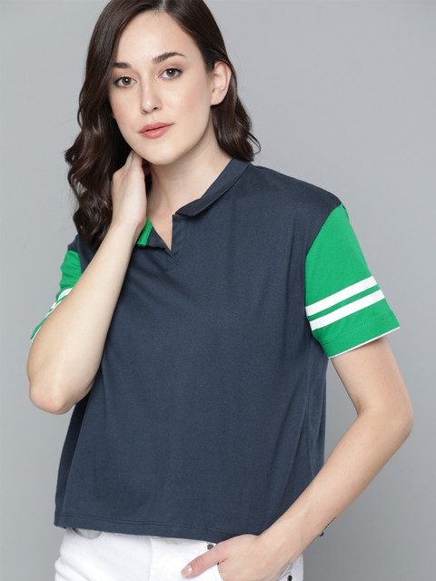 

Harvard Women Navy Blue Solid Polo Collar T-shirt