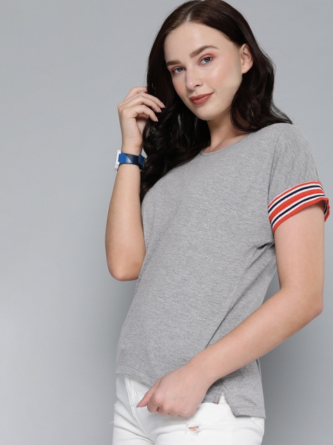 

Harvard Women Grey Pure Cotton Extended Sleeved Regular Knitted Top