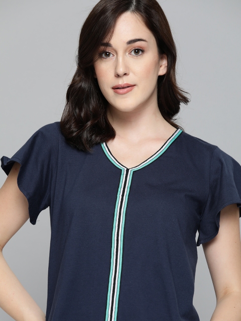 

Harvard Navy Blue Flared Sleeves Pure Cotton Regular Top