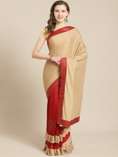 

Kalista Beige & Maroon Solid Ruffled Half & Half Saree