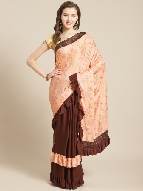 

Kalista Peach-Coloured & Coffee Brown Printed Ruffled Half & Half Saree