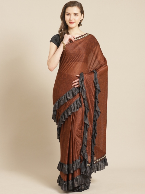 

Kalista Brown Solid Ruffled Saree