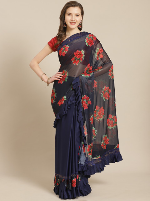 

Kalista Navy Blue & Red Floral Printed Ruffled Saree