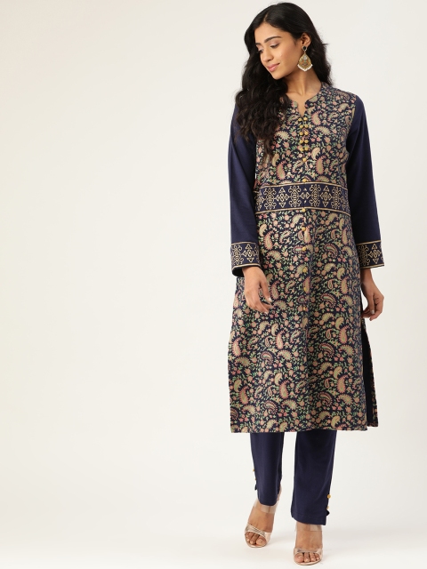 

Laabha Women Navy Blue & Golden Knitted Printed Winter Kurta with Trousers