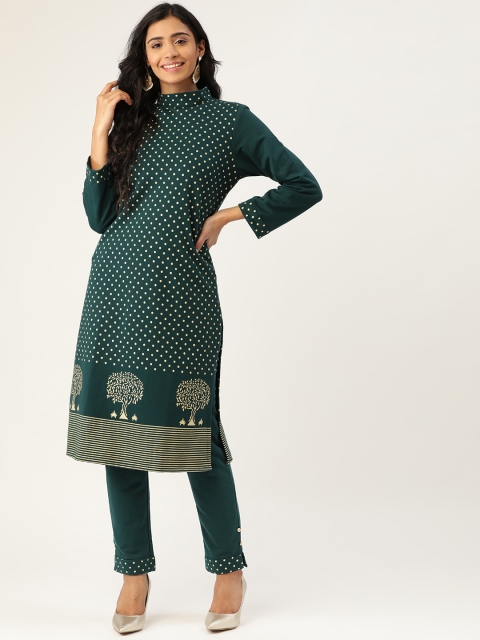 

Laabha Women Green & Golden Knitted Polka Dots Printed Winter Kurta with Trousers