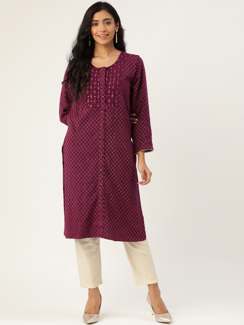 

Laabha Women Magenta & Golden Knitted Checked Winter Straight Kurta