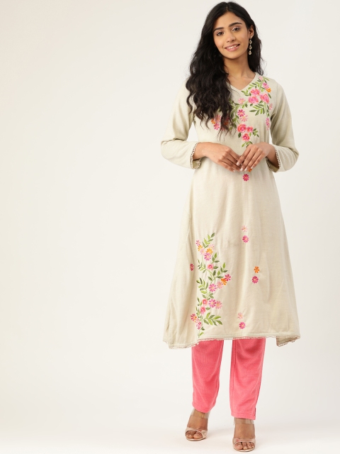 

Laabha Women Off-White & Pink Embroidered A-Line Kurta