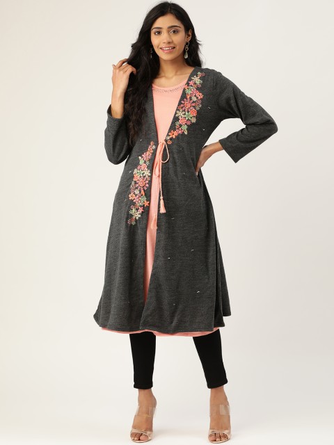 

Laabha Women Charcoal Grey & Pink Knitted Floral Embroidered Layered A-Line Winter Kurta