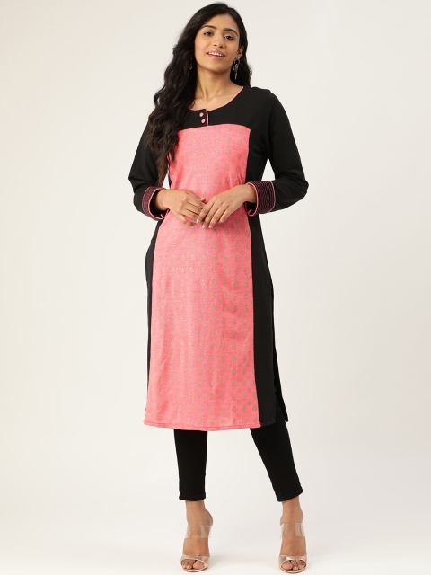 

Laabha Women Coral Pink & Black Knitted Printed Winter Straight Kurta