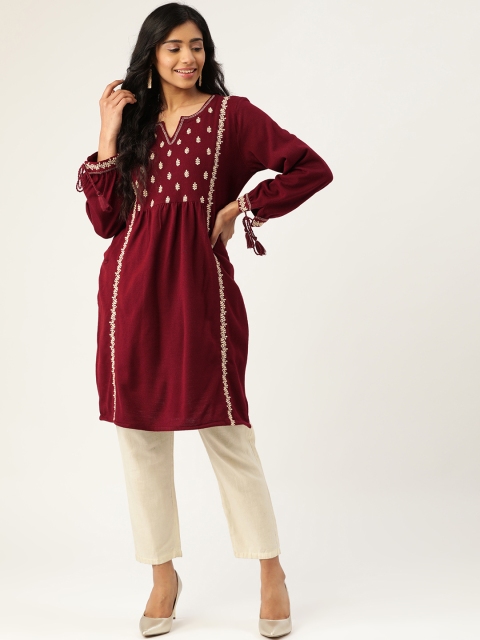 

Laabha Women Maroon & Golden Knitted Embroidered Winter Straight Kurta