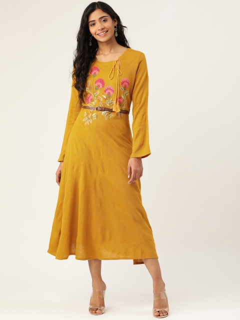 

Laabha Women Mustard Yellow & Pink Floral Embroidered A-Line Winter Dress
