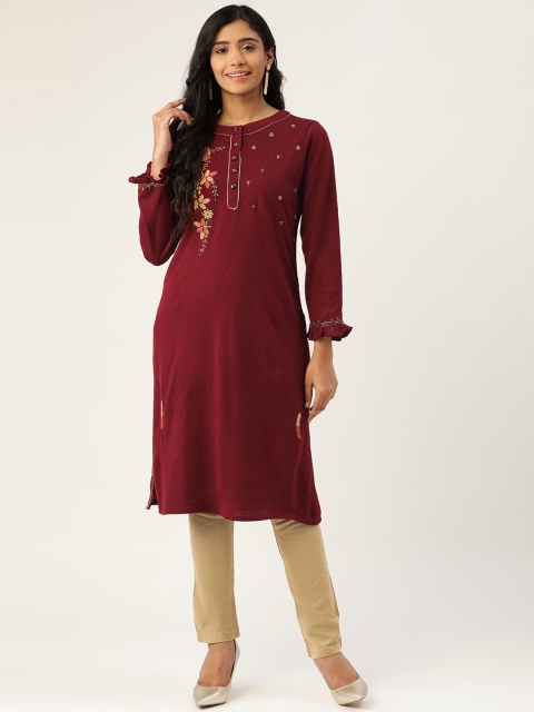 

Laabha Women Maroon & Beige Knitted Embroidered Yoke Design Winter Kurta with Trousers