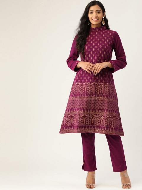 

Laabha Women Magenta & Golden Knitted Printed Winter Kurta with Trousers