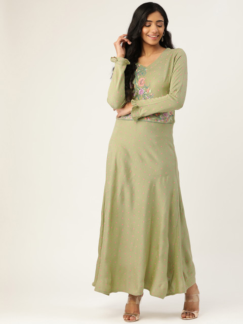 

Laabha Women Green & Pink Self Design Maxi Winter Dress