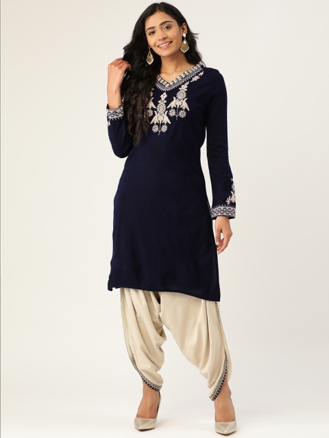 

Laabha Women Navy Blue & Off-White Knitted Dori Embroidered Winter Kurta with Dhoti Pants