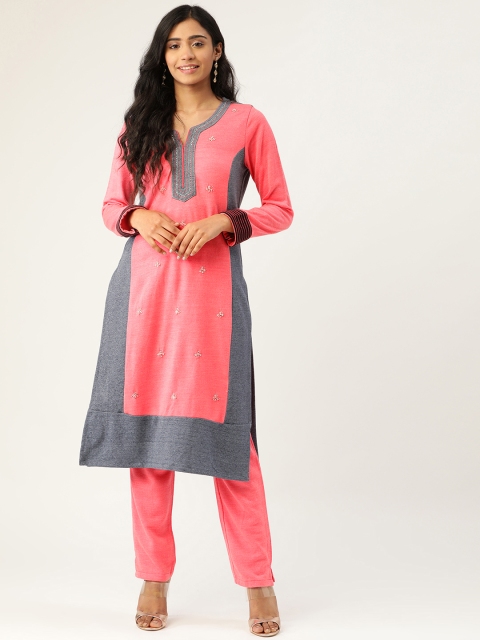 

Laabha Women Coral Pink & Grey Knitted Embellished Winter Kurta with Trousers