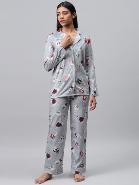 

Marks & Spencer Women Grey Melange & Red Quirky Print Winter Night suit