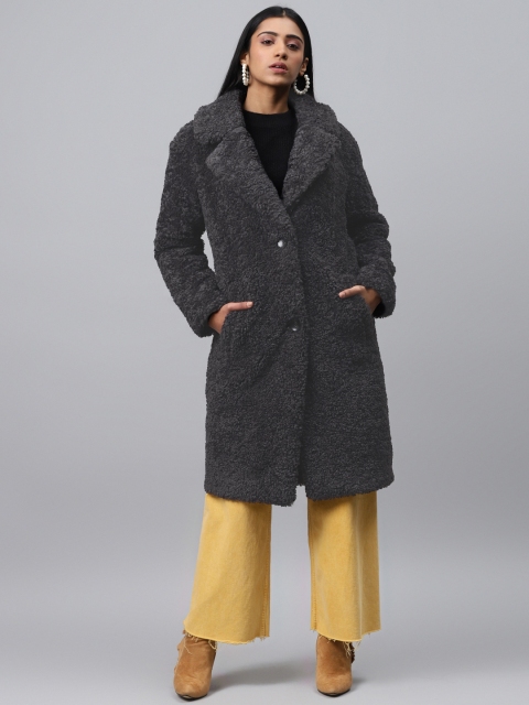 

Marks & Spencer Women Charcoal Grey Faux Fur Detail Overcoat