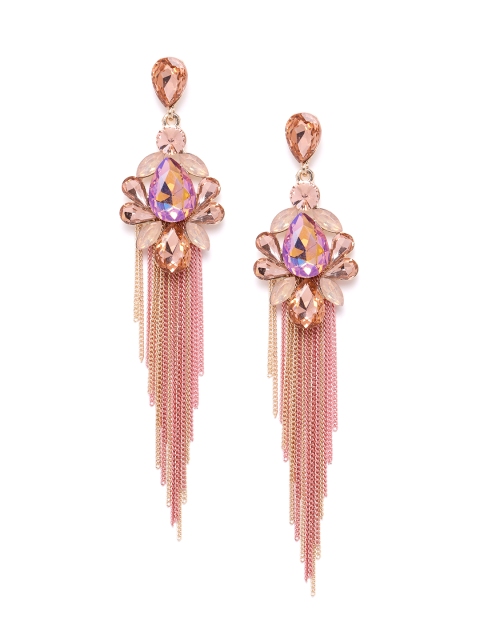 

YouBella Peach-Coloured & Gold-Toned Stone Studded Teardrop Shaped Tasselled Drop Earrings