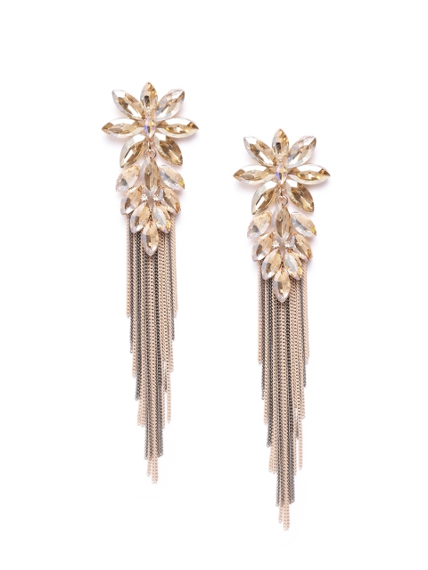 

YouBella Beige & Gunmetal-Toned Stone-Studded Tasselled Floral Drop Earrings