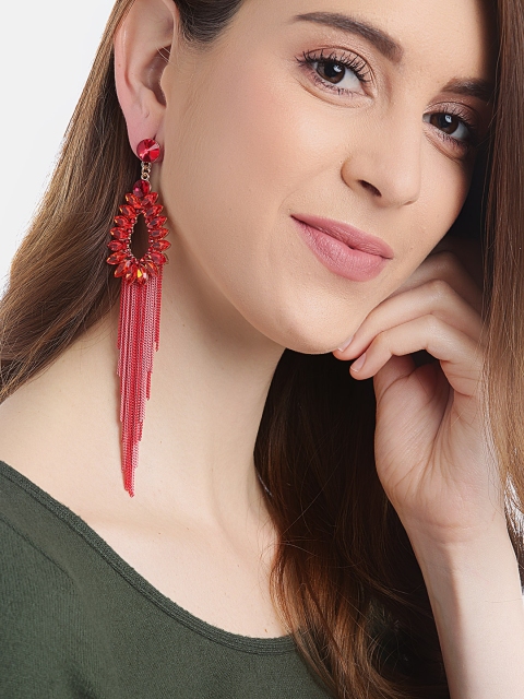 

YouBella Red & Pink Teardrop Shaped & Tasselled Drop Earrings