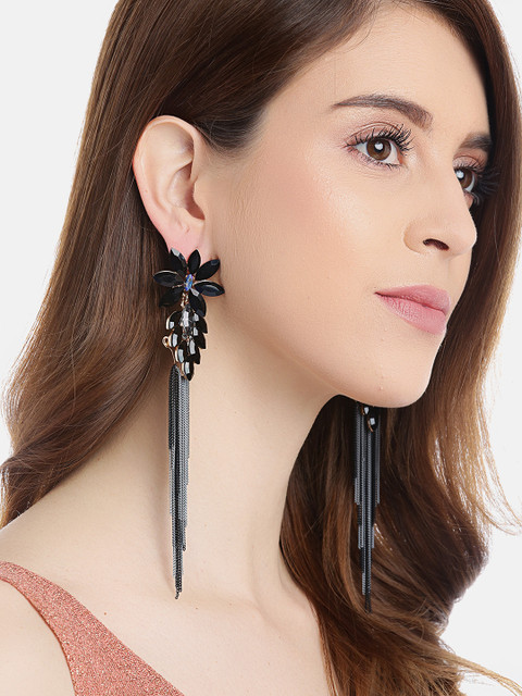 

YouBella Black & Grey Stone Studded Contemporary Tasselled Drop Earrings