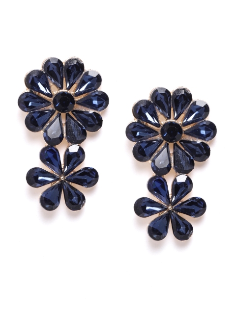 

YouBella Navy Blue Gold-Plated Stone-Studded Floral Drop Earrings