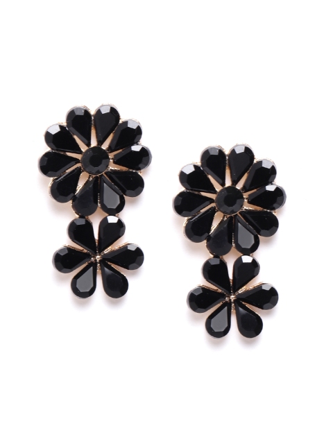 

YouBella Black Gold-Plated Stone-Studded Floral Drop Earrings