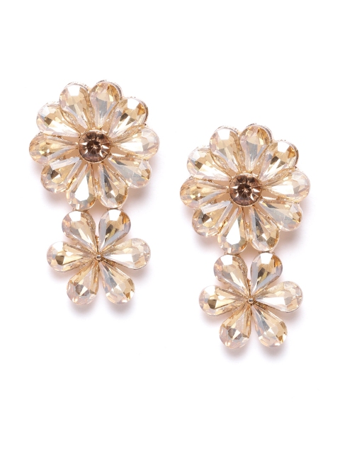 

YouBella Peach-Coloured & Brown Gold-Plated Stone-Studded Floral Drop Earrings