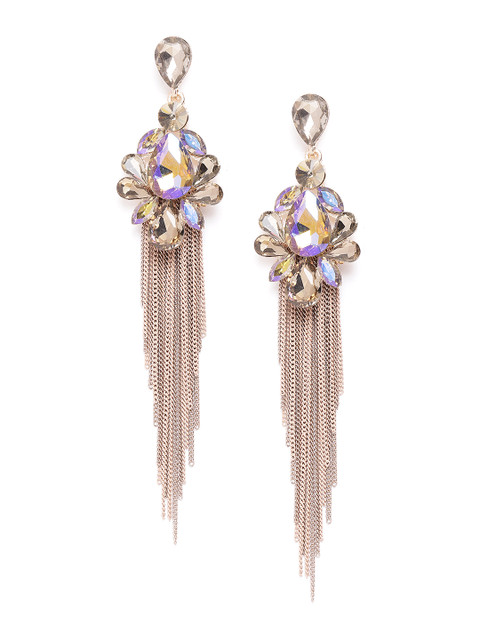 

YouBella Brown & Beige Artificial Stone Studded & Tasselled Contemporary Drop Earrings