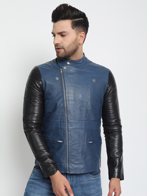 

MERLOT Men Blue Solid Lightweight Leather Jacket