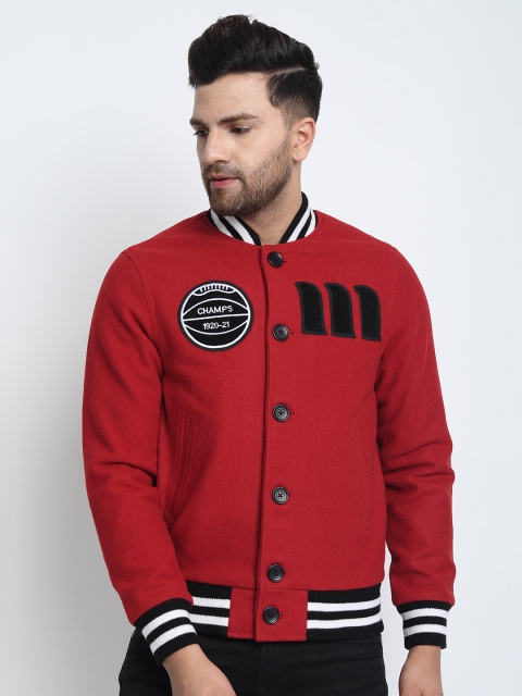 

MERLOT Men Red Printed Lightweight Woolen Varsity Jacket