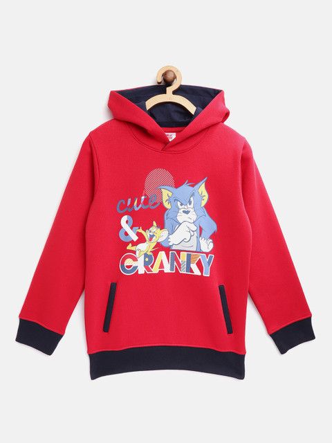 

toothless Boys Red & Blue Tom & Jerry Printed Hooded Sweatshirt