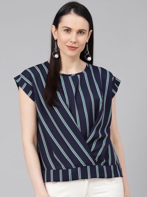 

Provogue Women Navy Blue & Green Striped Wrap Top