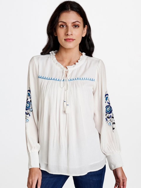 

AND Women White & Blue Tie-Up Neck Regular Top