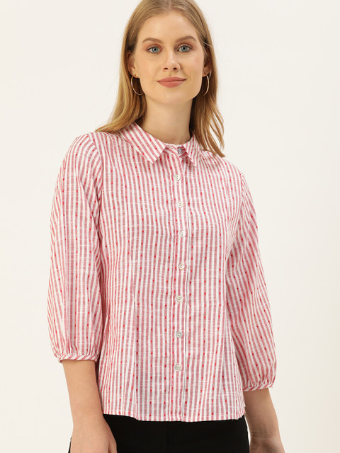 

AND Women Red & White Regular Fit Striped Casual Shirt