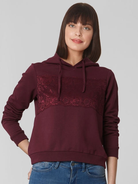 

Vero Moda Women Burgundy Solid Lace Detailed Hooded Sweatshirt