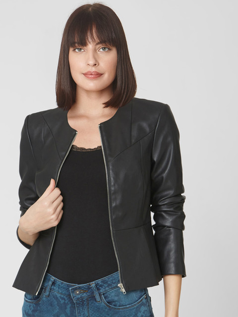 

Vero Moda Women Black Solid Pleated Biker Jacket