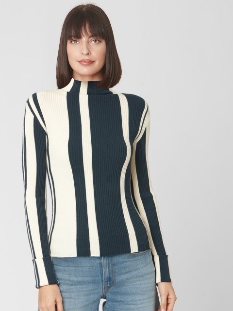 

Vero Moda Women Off-White & Navy Blue Striped Pullover Sweater