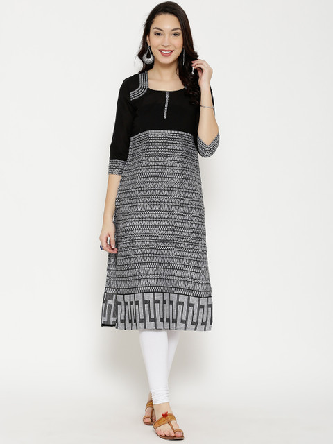 

AURELIA Women Black Woven Design Straight Kurta