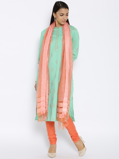 

AURELIA Green & Orange Printed Churidar Kurta with Dupatta