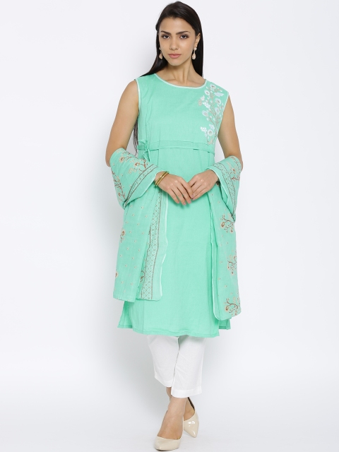 

Aurelia Green & Off-White Embroidered Kurta with Trousers & Dupatta