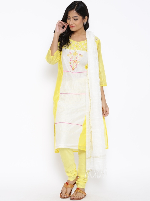 

Aurelia Yellow & Off-White Embroidered Churidar Kurta with Dupatta
