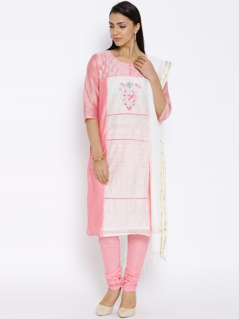 

AURELIA Pink & Off-White Embroidered Churidar Kurta with Dupatta