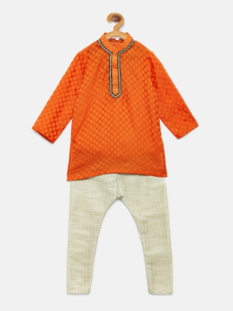 

MANY FROCKS & Boys Orange & Off-White Woven Design Kurta with Pyjamas