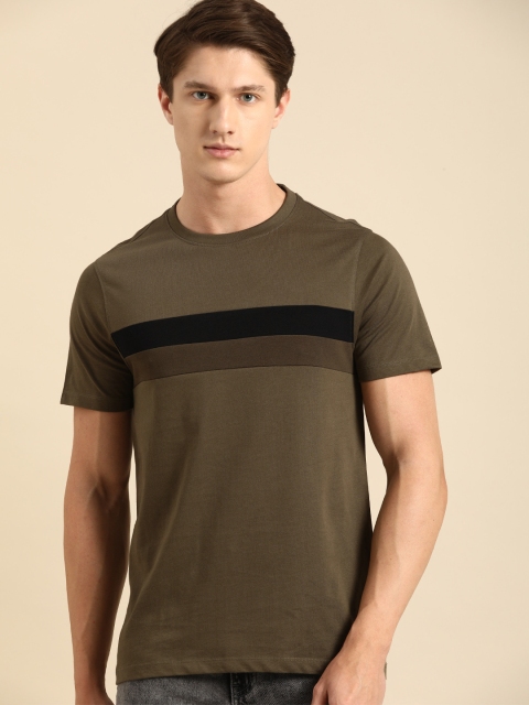 

ether Men Olive Green Striped Round Neck Pure Cotton T-shirt